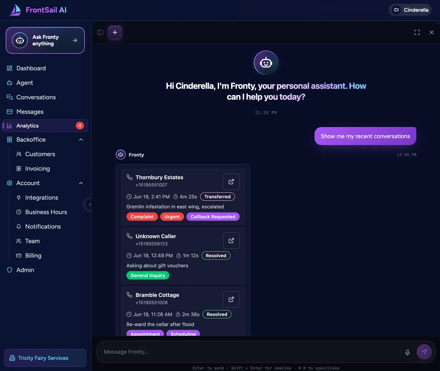 Fronty answering a question inside the FrontSail Portal, showing an interactive call list