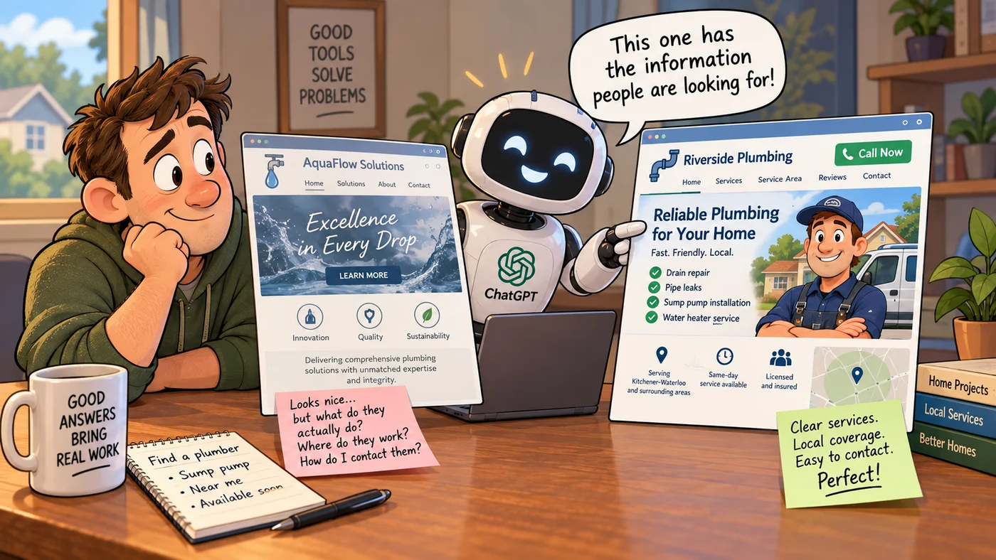 Cartoon of a homeowner at a laptop between two websites. On the left, a glossy page for 'AquaFlow Solutions' headed 'Excellence in Every Drop', offering Innovation, Quality and Sustainability; a sticky note beside it asks what they actually do, where they work and how to contact them. On the right, a plumbing site listing drain repair, pipe leaks, sump pump installation and water heater service, serving Kitchener-Waterloo, with a Call Now button. A friendly robot points at the second one and says it has the information people are looking for.