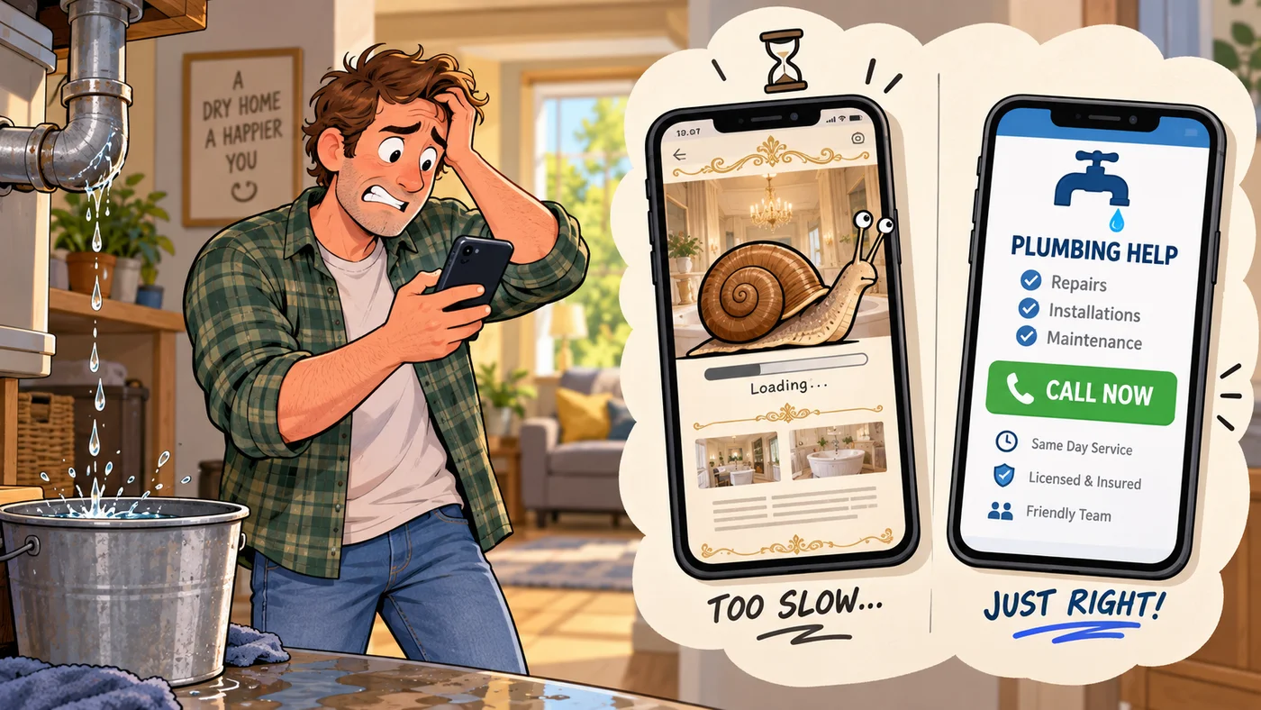 Cartoon of a homeowner clutching his head at a leaking pipe dripping into a bucket, phone in hand. Two phone screens beside him: an ornate site still loading behind a snail, captioned 'too slow', and a plain plumbing page listing repairs, installations and maintenance above a green Call Now button, captioned 'just right'
