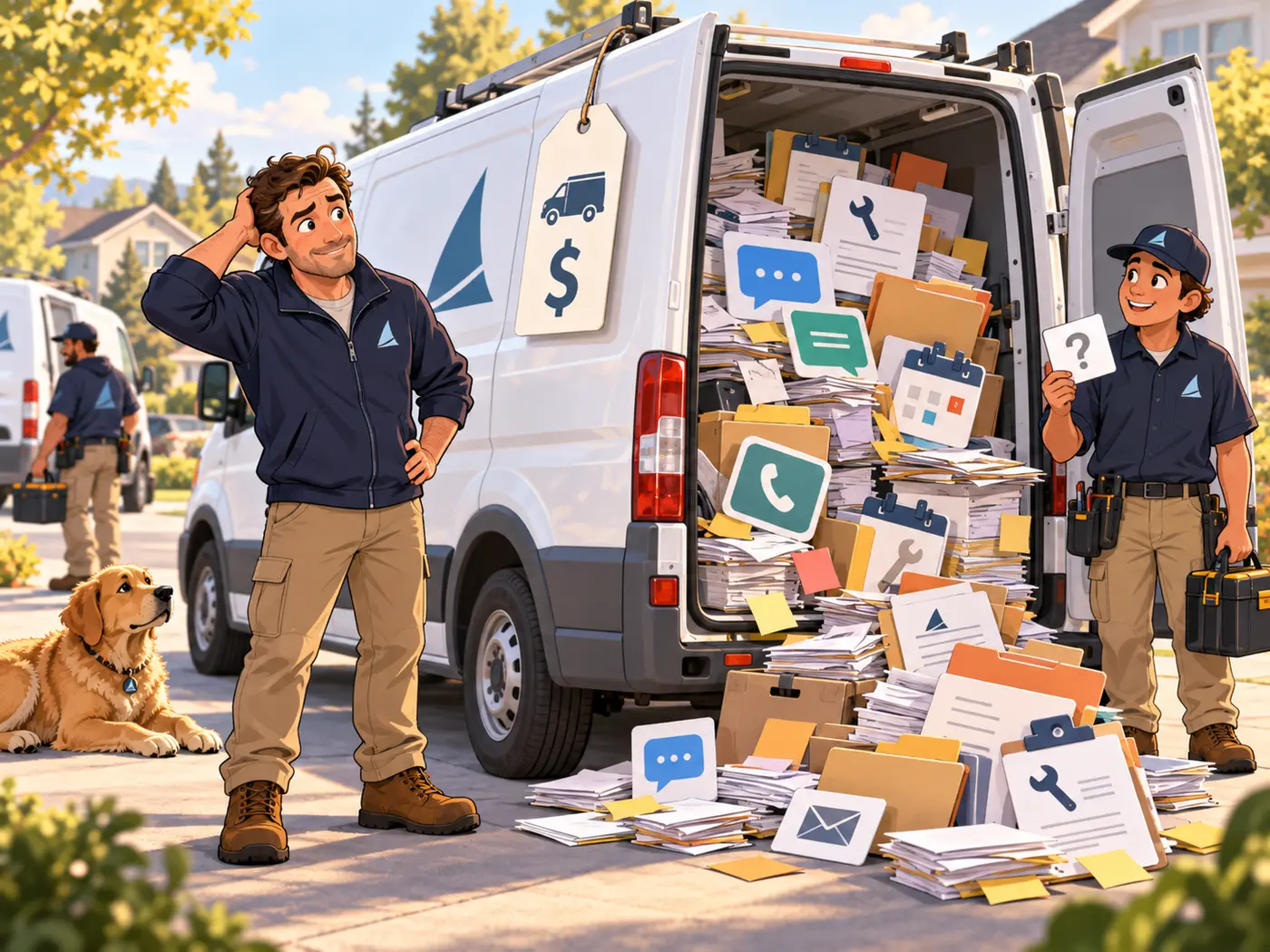 Cartoon of the HVAC owner scratching his head beside a new service van with a price tag hanging from it; its rear doors are open and an avalanche of paperwork, folders, calendar cards, message bubbles and phone icons spills onto the driveway, while a cheerful technician holds up one small question card and the owner's golden retriever looks on