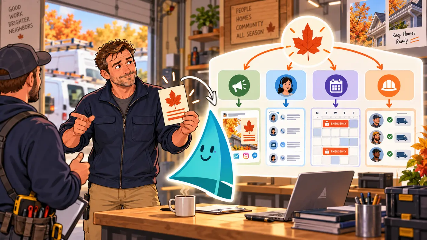 Cartoon of the HVAC owner in his workshop holding up a maple-leaf offer card to a smiling teal sail-shaped assistant while a crew leader looks on; behind them, one maple-leaf goal branches into four panels for marketing, customer service, scheduling with locked emergency slots, and field crews with their vans checked off