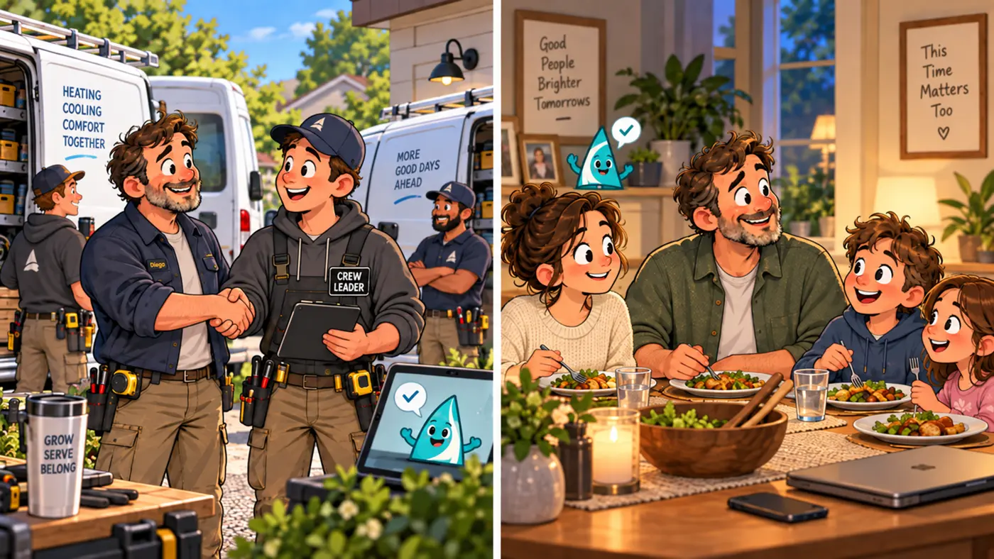 Two equally bright cartoon panels of the same HVAC owner: on the left he shakes hands with a new crew leader beside a growing fleet of service vans; on the right he eats dinner with his family, phone face down and laptop closed; in both, a small teal sail-shaped assistant with a checkmark quietly keeps the office running