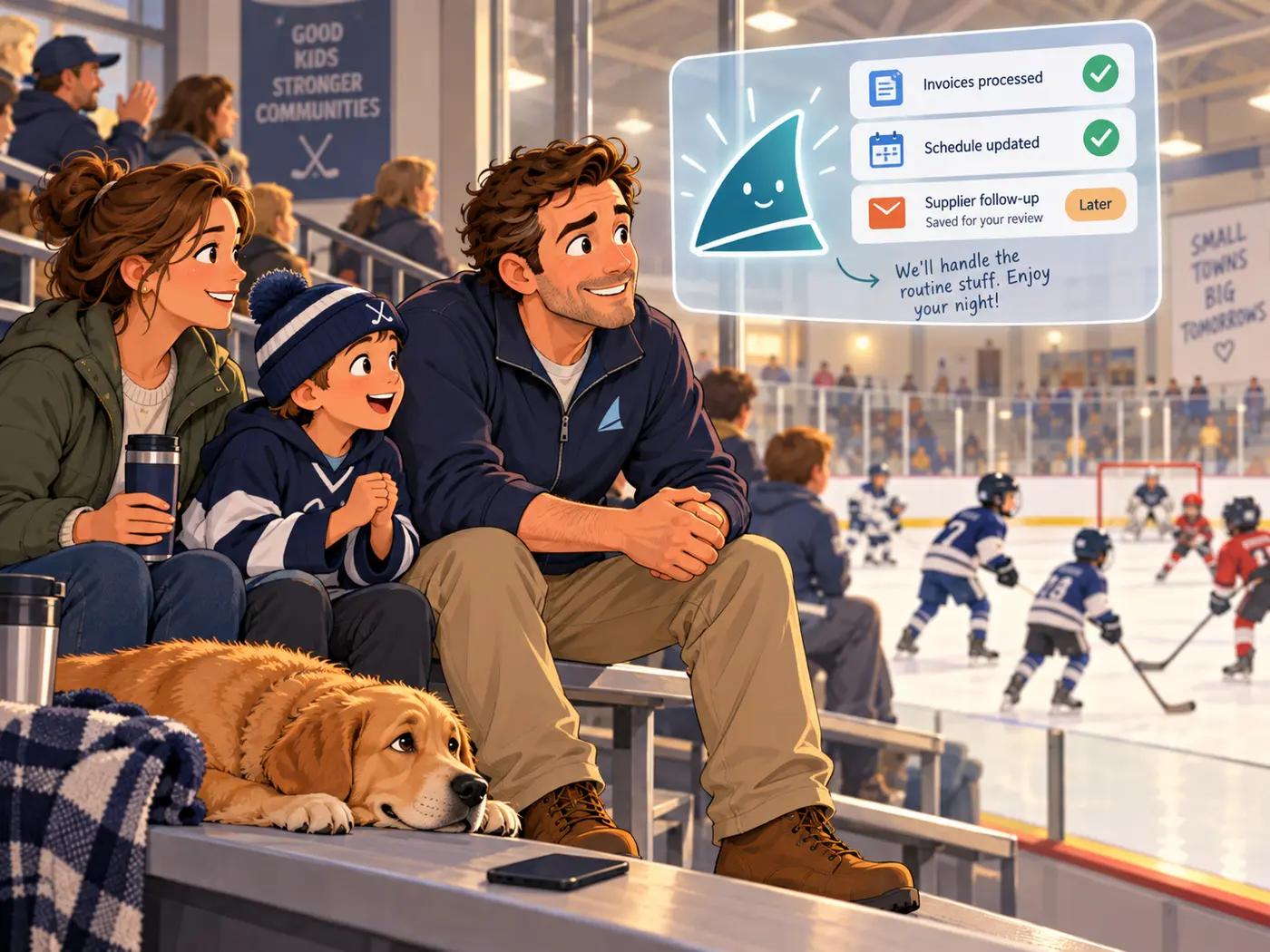 Cartoon of the HVAC owner in the stands at a children's hockey game with his family and golden retriever, phone face down on the bench, smiling at the ice; an inset shows the teal sail-shaped assistant reporting invoices processed and schedule updated, with one supplier follow-up saved for his review later