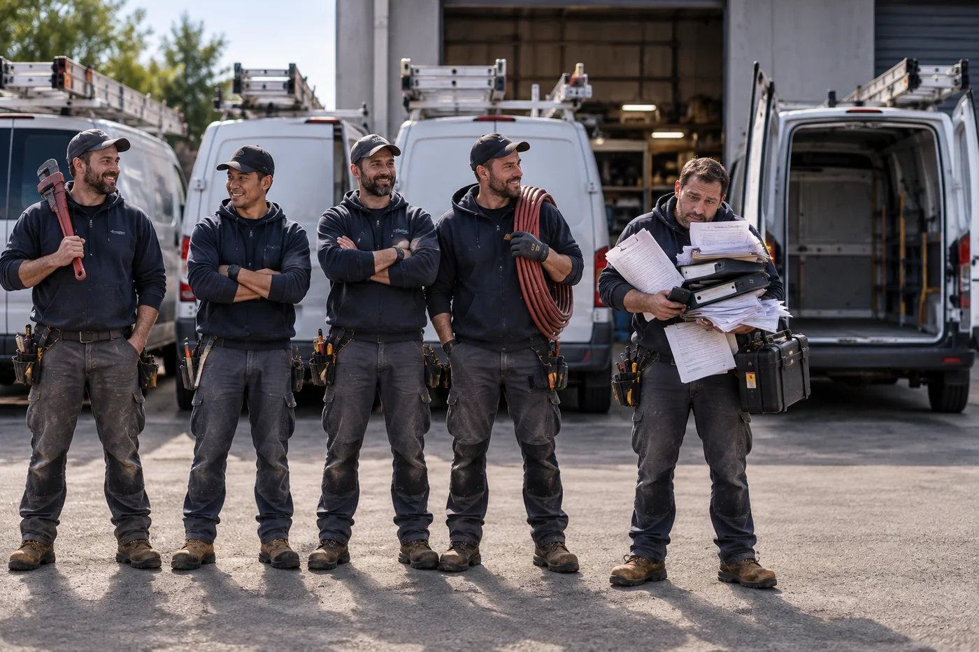 Five technicians lined up in front of the shop. Four are relaxed and ready for work, holding a pipe wrench, a coil of line and their tool belts. The fifth stands apart with both arms wrapped around binders, clipboards and loose paperwork. Behind him, a service van sits open and empty.