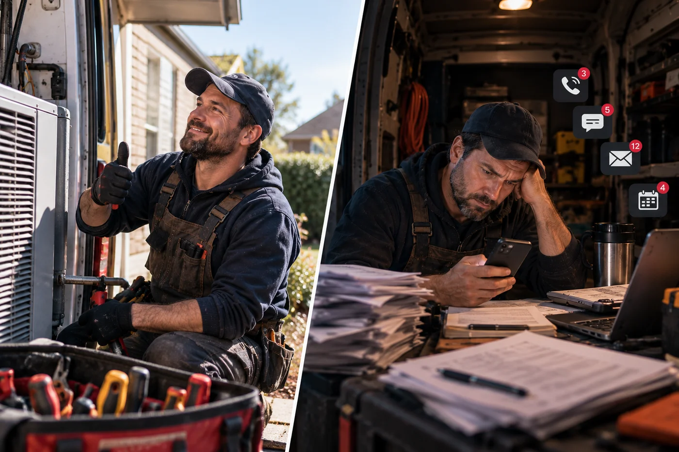 Split scene: on the left a technician gives a thumbs-up beside the outdoor unit he has just fixed; on the right the same technician sits in the back of his van at dusk, head in hand, working through a phone, a laptop and stacks of paperwork while notification badges pile up for missed calls, texts, emails and schedule changes
